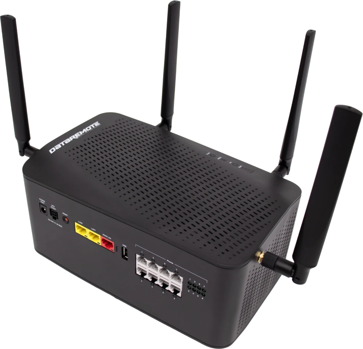 DataRemote POTS IN A BOX 90X1 appliance, three-quarter view with the FXS, Ethernet and antenna ports visible