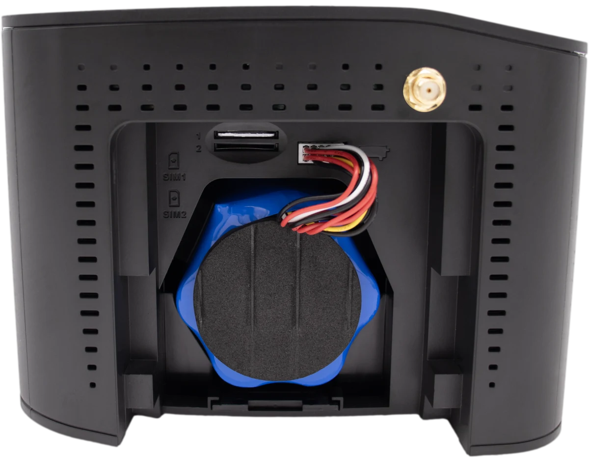 DataRemote 90X2 with the base removed, showing the internal lithium-ion battery pack and SIM slot
