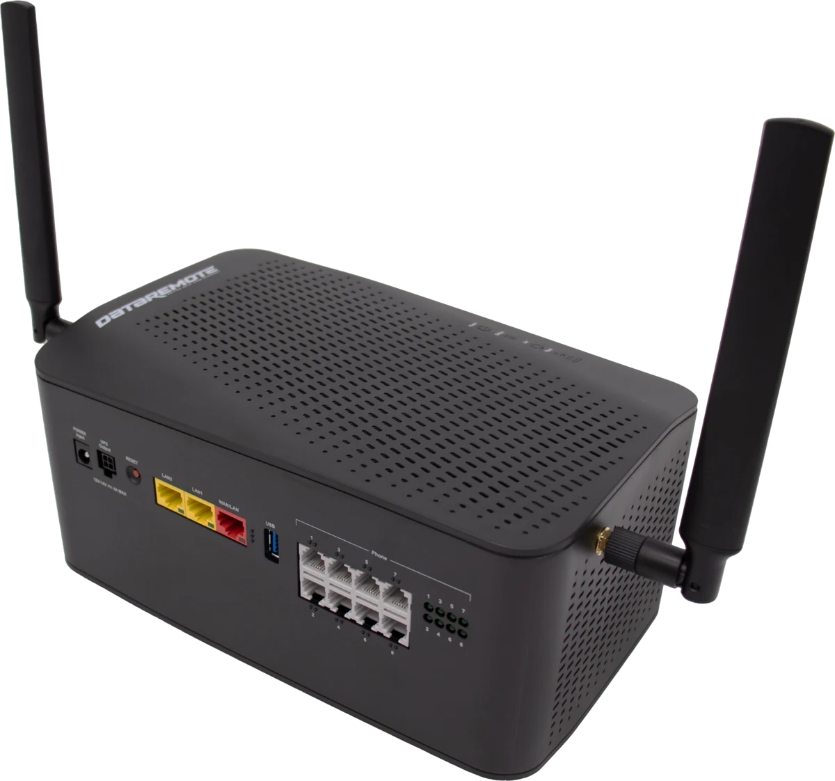 DataRemote POTS IN A BOX 90X2 LTE appliance with both antennas fitted and the port bank visible