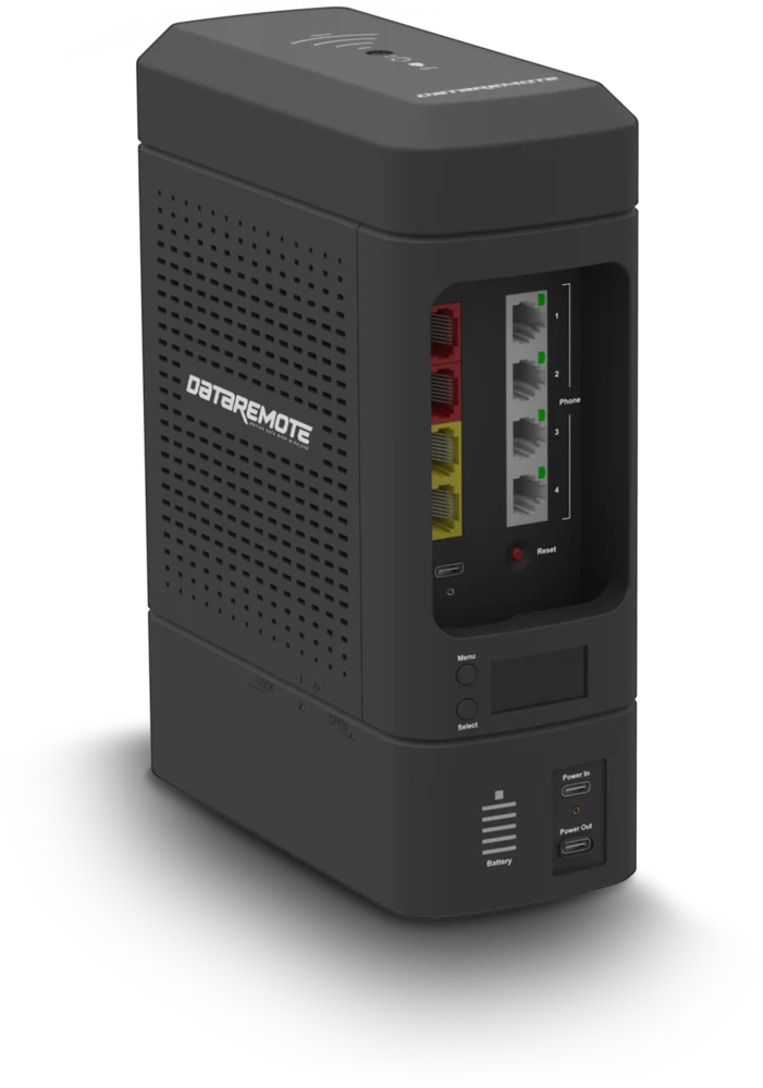 DataRemote POTS IN A BOX 90X5 modular gateway, assembled, showing the FXS and Ethernet port bank and OLED display