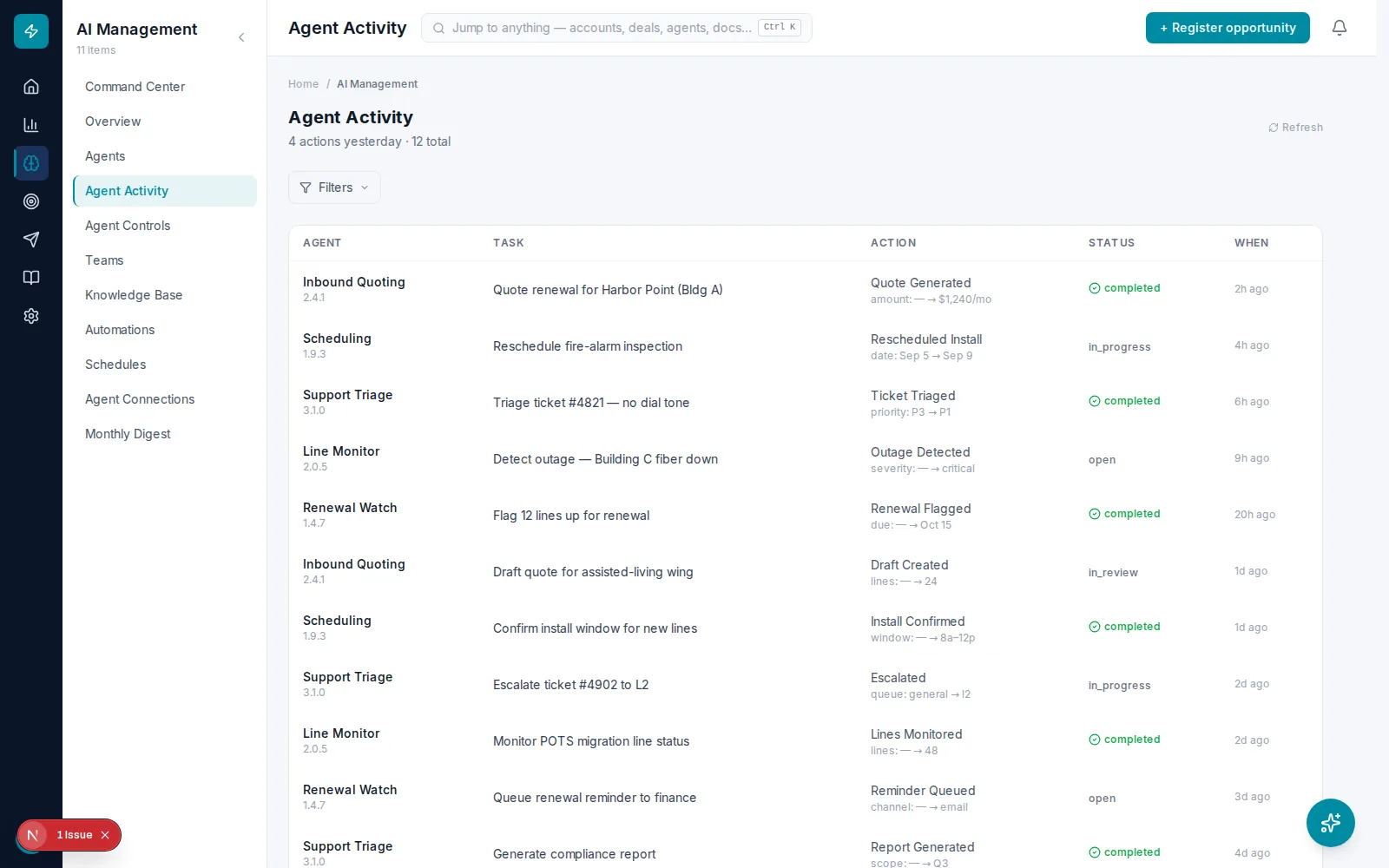 Partner Hub agent activity stream